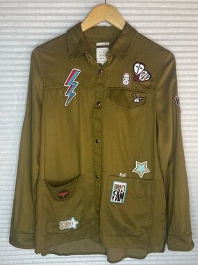 Zara TRF Outerwear Military Olive Patch Button Front Lightweight Shacket Small